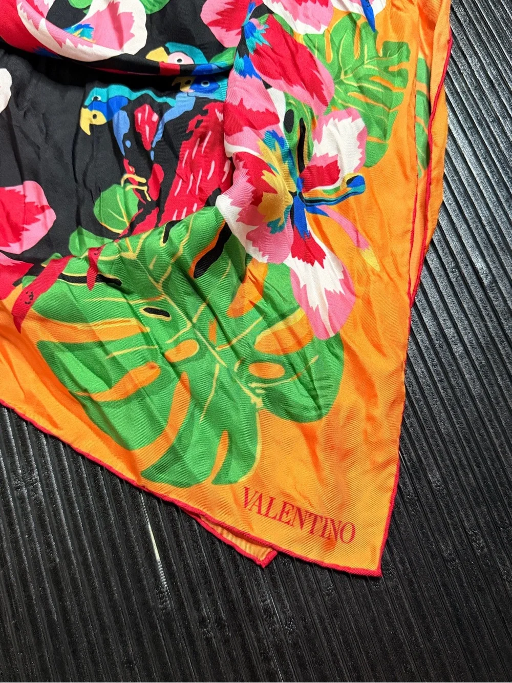 Valentino Bright Orange Tropical Floral Silk Scarf